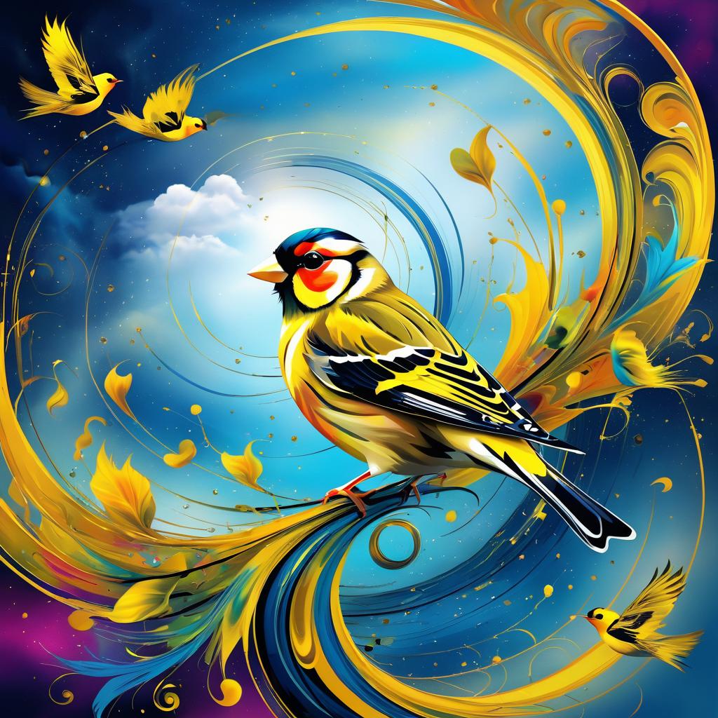 Surreal Goldfinch in Vibrant Clouds