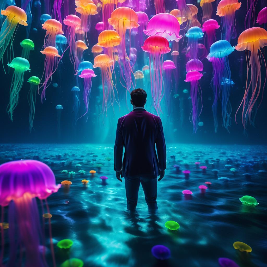 Lone Man Amid Neon Jellyfish