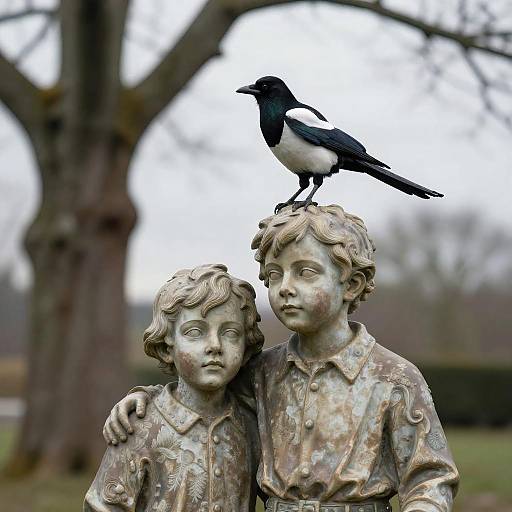 Surreal Young Siblings Statue with Magpie