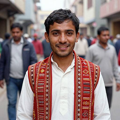 Photograph of a smiling South Asian man with short black hair, wearing a white shirt and ornate red vest, standing in a busy street with blurred