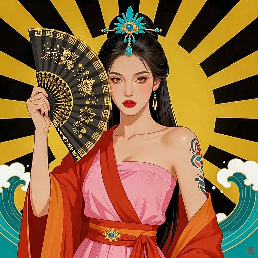 Asian Woman with Fan and Ornate Headpiece