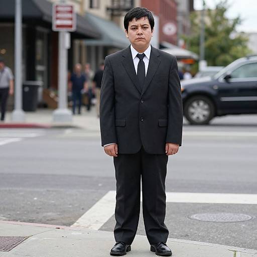 Photograph of a serious young man in a black suit and tie standing alone on a city street corner, with blurred background and crosswalk.