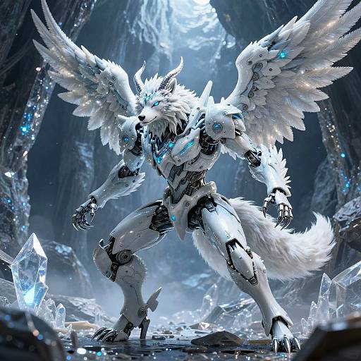 Icy White Wolf Mech in Crystal Cavern
