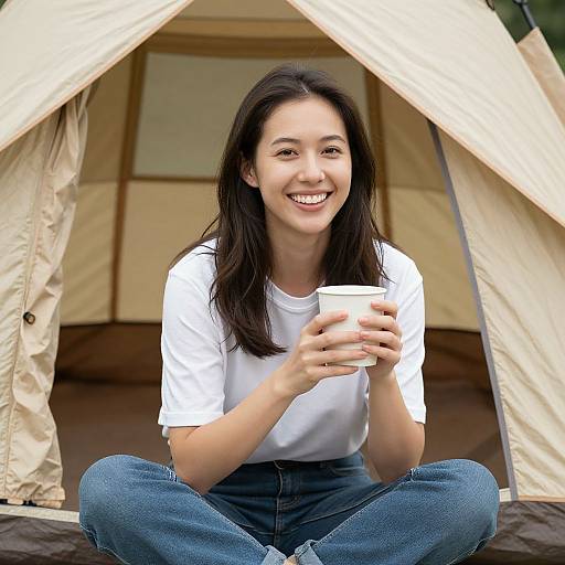 Woman Smiling in Tent with Cup