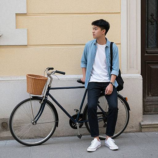 Young Asian man with short black hair, wearing a blue shirt, white tee, black pants, and white sneakers, leans against a black bicycle with a