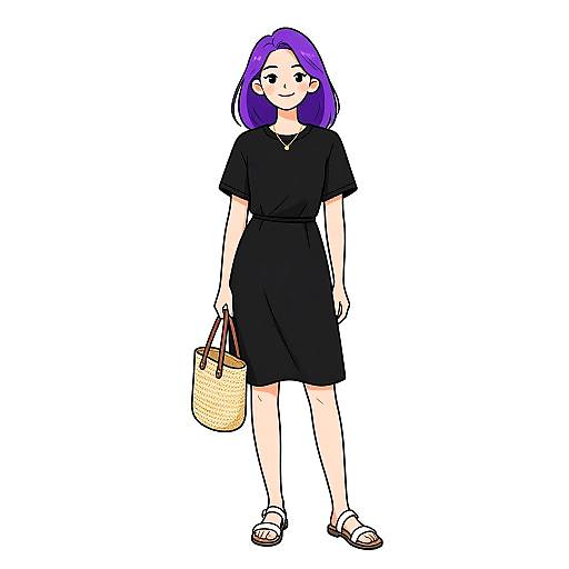 Digital drawing of a smiling woman with purple hair, black dress, and sandals, holding a woven basket, white background.