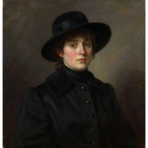 19th-century portrait painting of a young woman with fair skin, rosy cheeks, dark brown eyes, wearing a black hat and coat, against a
