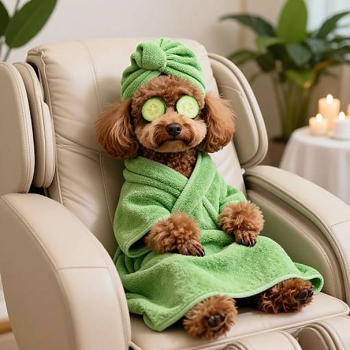 Photograph of a brown poodle dressed in a green towel robe and matching turban, with glowing green eyes, sitting on a cream leather chair,