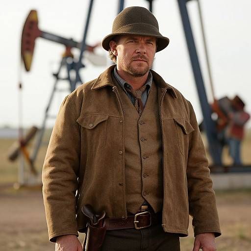 Photograph of a rugged, bearded man in a brown hat and jacket, standing in front of a blurred oil rig, wearing a plaid shirt