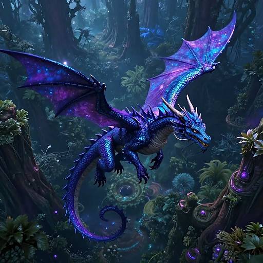 Digital fantasy artwork of a vibrant blue dragon with glowing purple wings soaring through a mystical, bioluminescent forest filled with exotic plants.