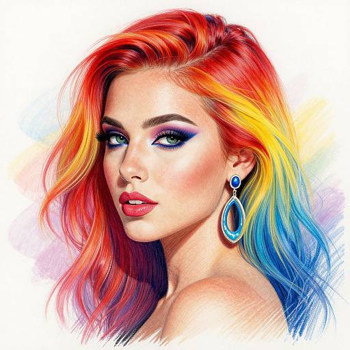 Digital illustration of a fair-skinned woman with vibrant red-to-blue rainbow hair, blue eye makeup, bold red lips, and blue teardrop earrings