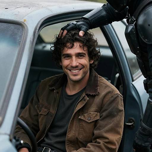 Man Smiling in a Damaged Car