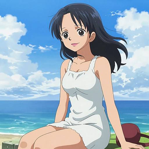 Anime-style digital drawing of a smiling woman with long black hair, wearing a white sundress, sitting on a beach with a blue sky and ocean in