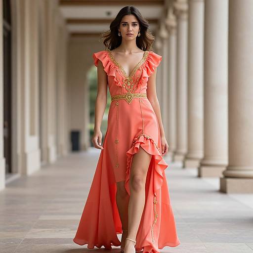 Photograph of a dark-haired model in a coral, ruffled, V-neck gown with gold embroidery, high slit, and gold belt, walking down