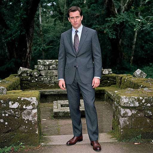 Photograph of a handsome man in a dark blue suit, white shirt, and patterned tie, standing in a mossy, ancient stone garden path