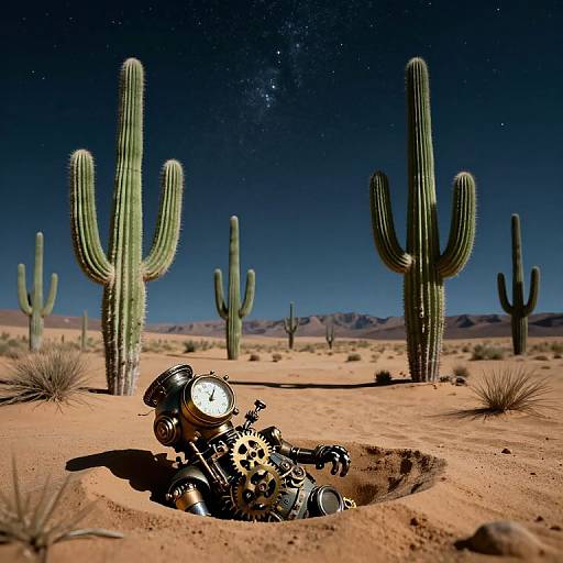 Photograph of a steampunk robot with a round clock face, lying in a desert sand pit surrounded by tall cacti under a starry