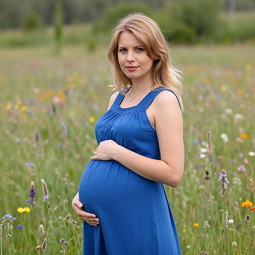 Pregnant woman with blonde hair in a blue dress, standing in a colorful meadow, gently cradling her baby bump, smiling softly.