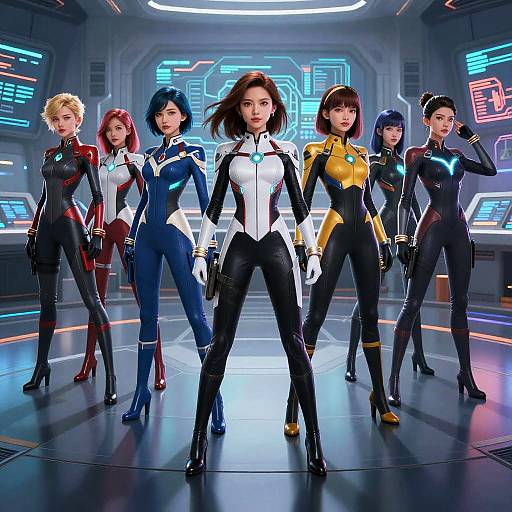 CGI image of six women in tight, futuristic bodysuits standing in a high-tech lab, each with unique color schemes and confident poses.
