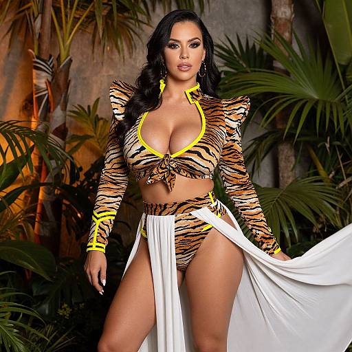 Photograph of a curvy woman with tan skin, black wavy hair, wearing a tiger-print crop top and matching high-waisted bottoms,