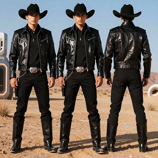 Photograph of three men in black leather jackets, black pants, boots, and cowboy hats, standing in a desert with a futuristic structure in the background