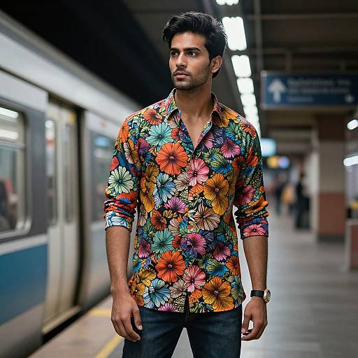 Photograph of a handsome man with dark hair, wearing a vibrant floral shirt, standing on a subway platform, looking serious.