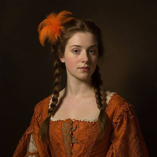 Photograph of a young Caucasian woman with fair skin and brown braided hair, wearing an orange lace dress with a feathered hair accessory, set against