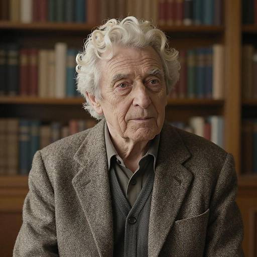 Photograph of an elderly man with curly white hair, wearing a brown tweed blazer and dark shirt, standing in front of a bookshelf.