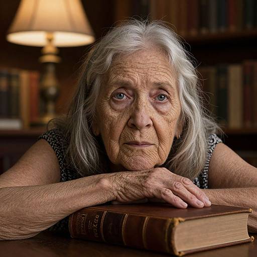 Photograph of an elderly woman with long white hair, wrinkled skin, blue eyes, and a pensive expression, resting her elbows on a book