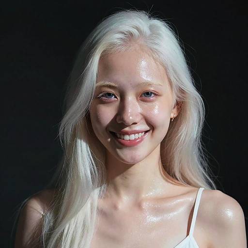 Photograph of a smiling young woman with long, shiny, platinum blonde hair, fair skin, wearing a white tank top, against a dark background.