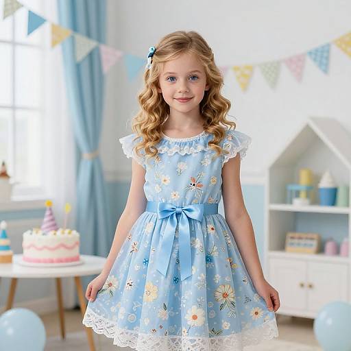 Photograph of a young blonde girl with curly hair, wearing a blue floral dress, standing in a bright, decorated children's room.