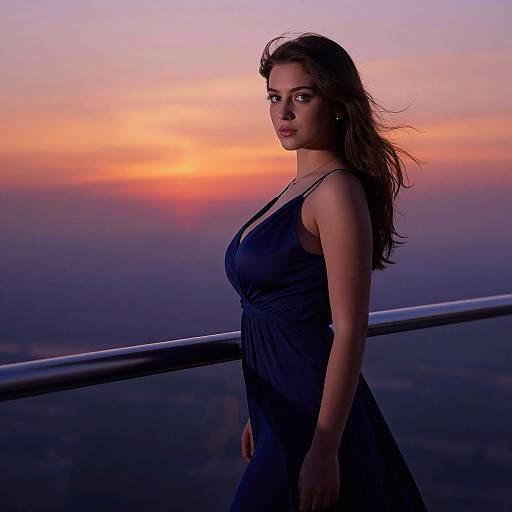 Photograph of a young woman with long brown hair, wearing a dark blue dress, standing on a balcony at sunset, with a colorful, orange and