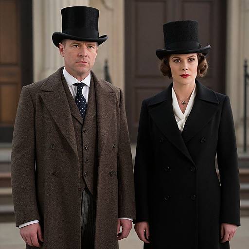 Photograph of a man and woman in Victorian attire, both wearing black top hats and formal coats, standing in front of a grand building.