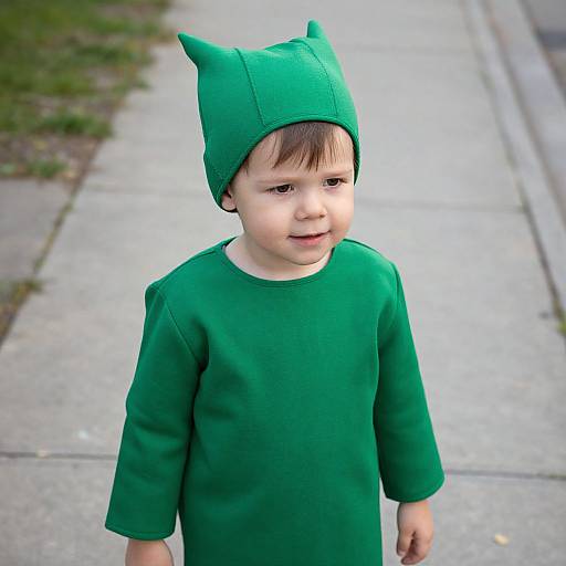 Photograph of a young boy with fair skin, brown hair, wearing a green cat-eared hat and matching green shirt, standing on a sidewalk.