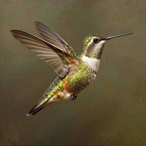 Photograph of a vibrant hummingbird with iridescent green and brown feathers, wings blurred in mid-flight, against a blurred brown background.