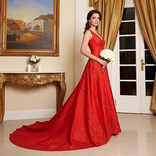 Photograph of a dark-haired woman in a vibrant red lace evening gown, holding white flowers, standing in an elegant room with gold curtains and a framed