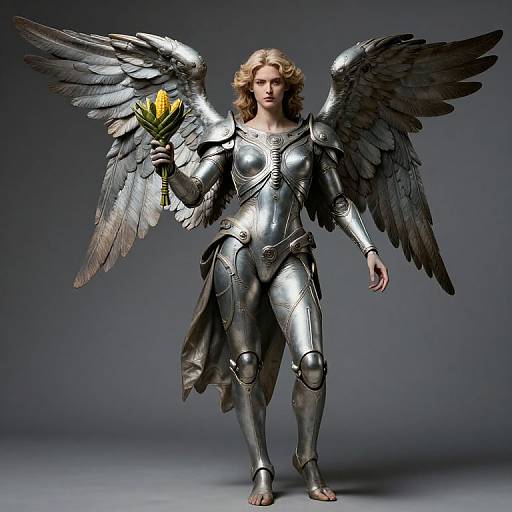 Photograph of a blonde woman in silver, metallic armor with black feathered wings, holding yellow flowers, standing barefoot on a gray background.