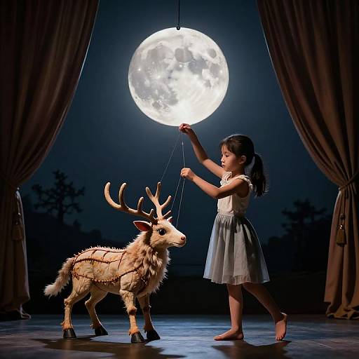 Photograph of a young Asian girl with black pigtails in a white sleeveless dress, holding a rein to a decorated reindeer, under a