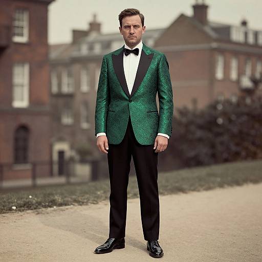 Photograph of a handsome man in a green glitter tuxedo, black bow tie, white shirt, standing on a gravel path in front of a