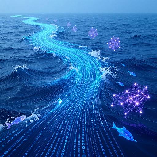 Digital art of a luminous blue data trail winding through dark, textured ocean waves, with glowing binary code and star-like nodes.
