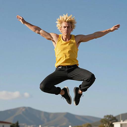 Dynamic Jumping Man Against Blue Sky