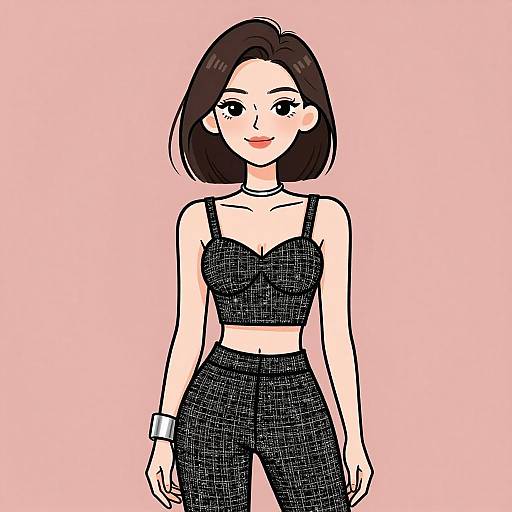 Digital drawing of a young woman with short black hair, fair skin, and red lips. She wears a black textured crop top and high-waisted