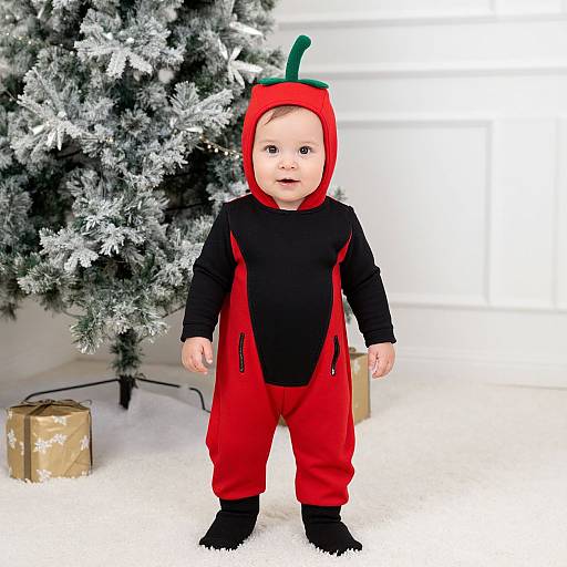 Photograph of a baby with fair skin, wearing a red Christmas tree hooded onesie, black long-sleeve shirt, and red pants,