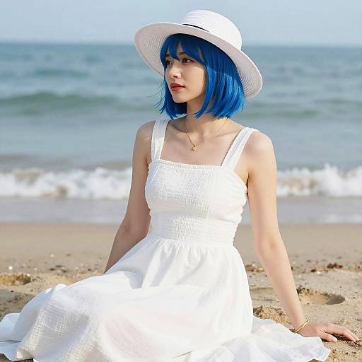 Photograph of a woman with vibrant blue bob haircut, wearing a white dress and hat, sitting on a sunny beach with gentle waves in the background.