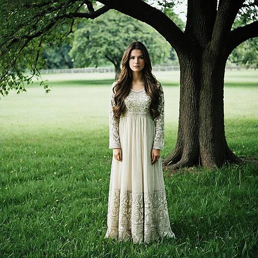 Woman in Embroidered Shadi Dress Standing by Tree