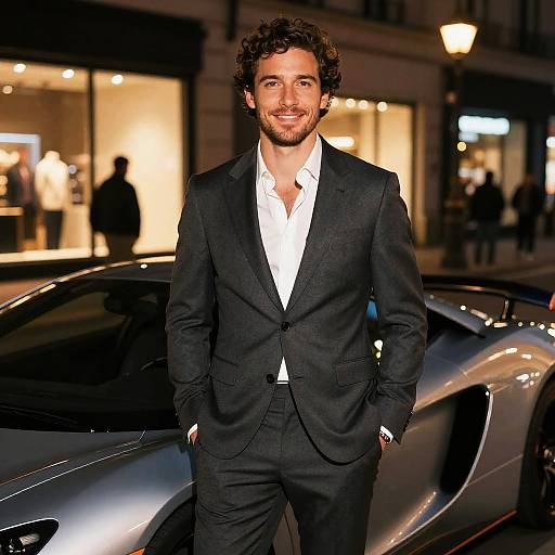 Photograph of a smiling man with curly brown hair and beard, wearing a black suit and white shirt, standing in front of a sleek silver car at