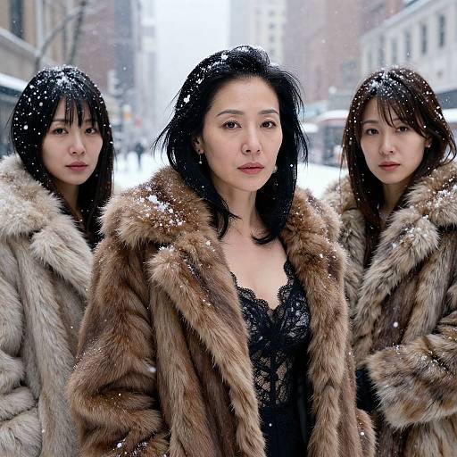 Photograph of three Asian women with black hair, wearing fur coats, standing in a snowy urban street, looking forward. Snowflakes on their coats