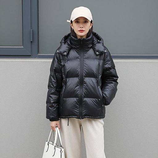 Woman in Black Puffer Jacket and Beige Cap