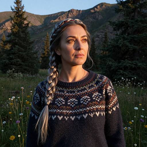 Photograph of a fair-skinned woman with braided blonde hair, wearing a patterned black sweater, standing in a sunlit meadow with mountains