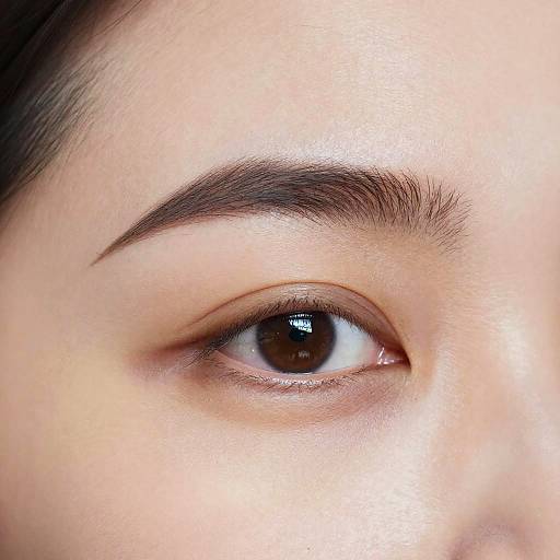 Close-up photograph of a young woman's right eye with dark brown iris, well-defined brown eyebrow, and light, smooth skin.