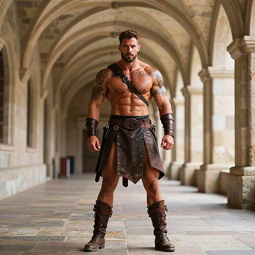 Muscular, tattooed man with dark brown hair and beard, wearing leather armor and boots, stands in a sunlit, arched stone corridor.